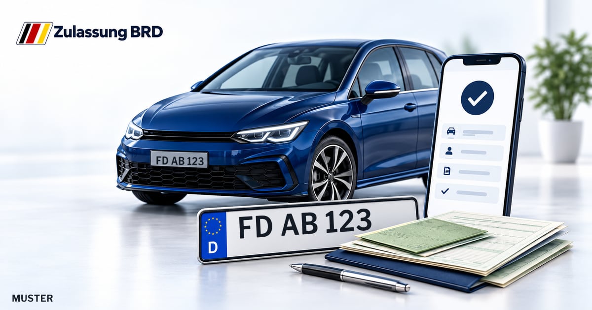 Online Fahrzeugzulassung in Hofbieber: Musterkennzeichen FD AB 123, Auto und Fahrzeugpapiere und Smartphone. Illustration mit Logo von Zulassung BRD.